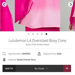 Lululemon Athletica Vibrant Pink Crewneck*Cropped** Sonic pink ombre